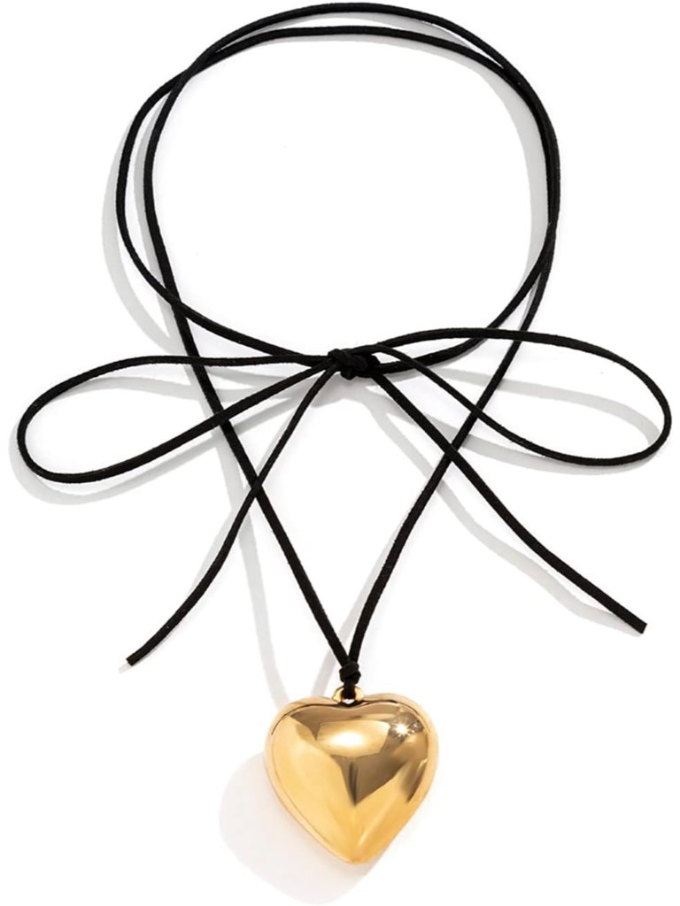 Chunky Puffy Heart Choker Necklace - Big Heart Pendant Adjustable Velvet Chain S